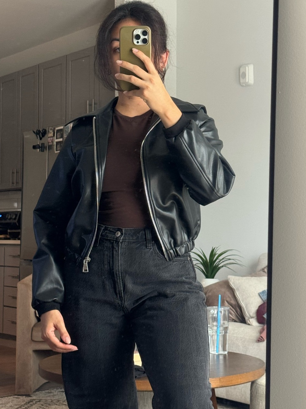 Fashion Nova Black Vegan Leather Cropped Bomber Jacket